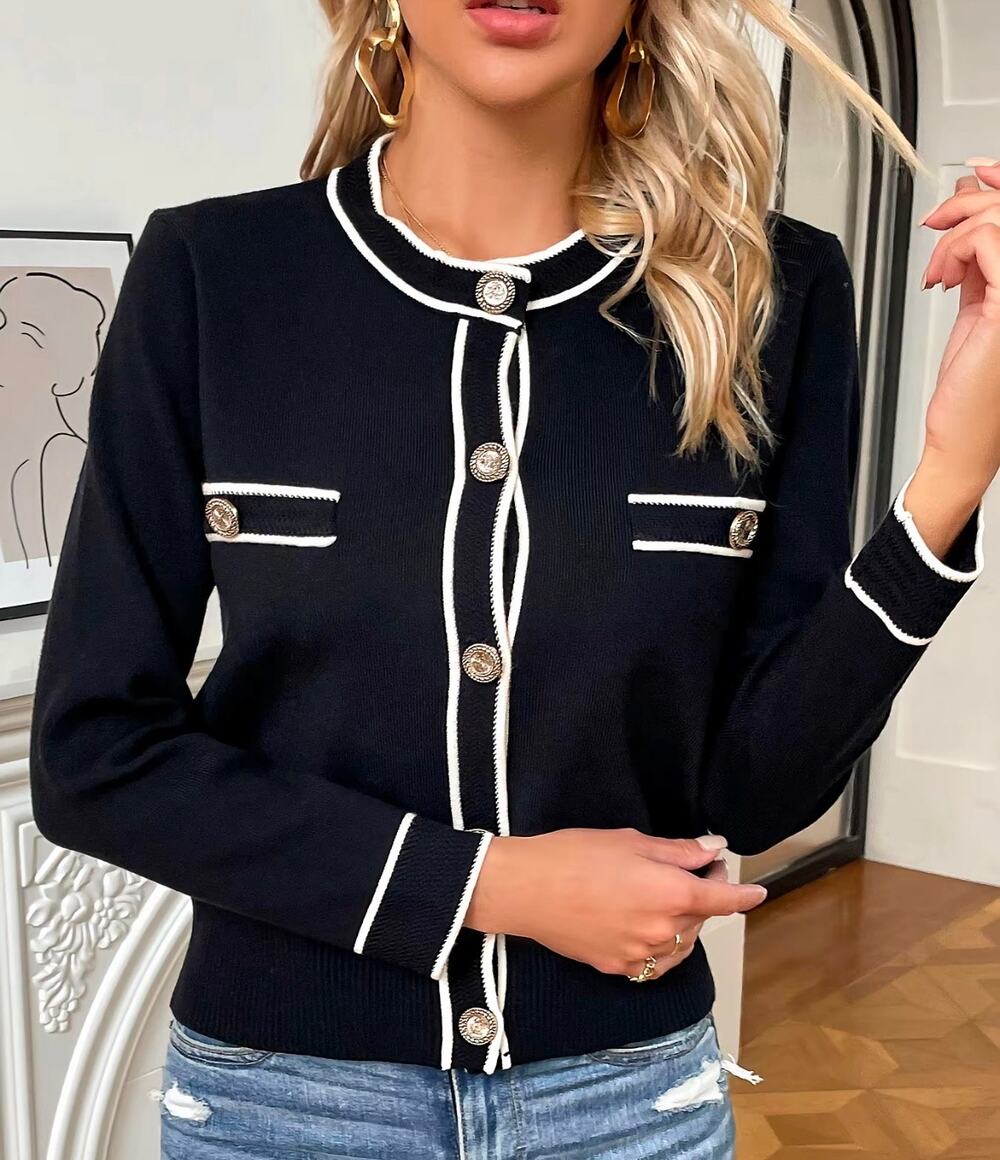 Knit Mix Frenchy Black Contrast Trim Cardigan Size XL Gold Button Sweater